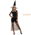 Costume Strega Magica Donna S-M-L - Abito Nero con Tulle Dorato e Cappello per Halloween - Perfetto per Carnevale e Feste a Tema