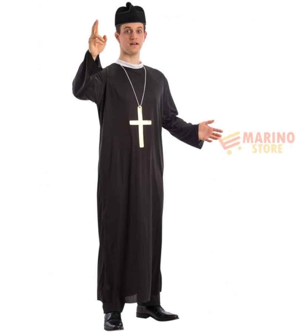 Immagine 1 di Costume Prete Uomo - Tunica Nera con Collarino Bianco - Taglia Unica (L-XL) Perfetto per Carnevale e Feste a Tema