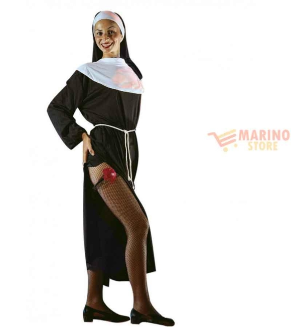 Immagine 1 di Costume Suora Donna T.U. (M-L) - Abito Nero con Spacco, Velo e Fascia Bianca, in Busta con Gancio, Perfetto per Carnevale e Feste a Tema